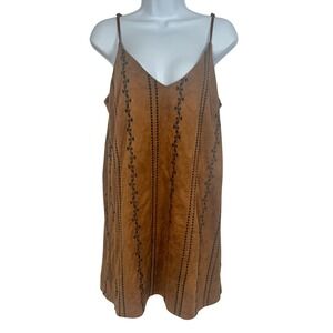 Honey Belle Medium Tan Faux Suede Embroidered Spaghetti Strap Mini Dress